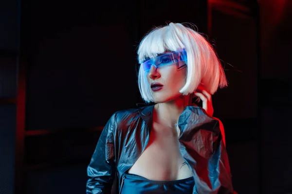 Woman in neon glasses. Cyberpunk