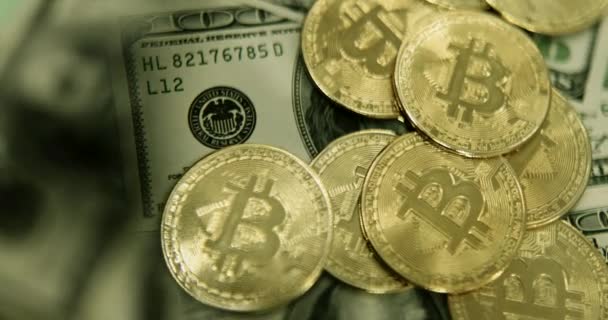 Kryptoměna mince pod lupou na pozadí dolarů. — Stock video