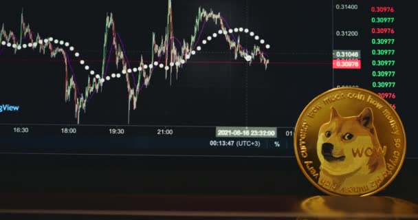 Concetto di criptovaluta virtuale. Golden Dogecoin sul primo piano touchpad portatile. — Video Stock