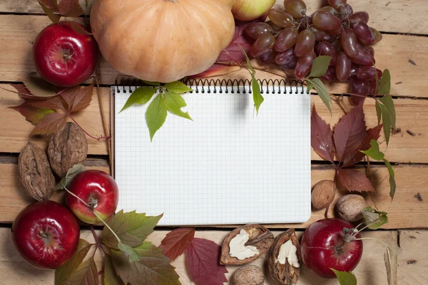 Notebook with empty space for text, framed with autumn fruits: grapes, pumpkins, apples, walnuts. Book for recipes.