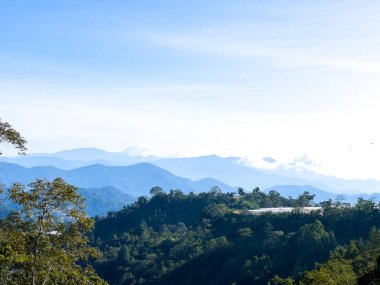 Gua Musang, Malezya 'daki yuvarlanan mavi dağ sıraları ve tropikal orman tepelerinin parlak, berrak bir gökyüzü altında manzarası. Huzurlu, katmanlı manzara.