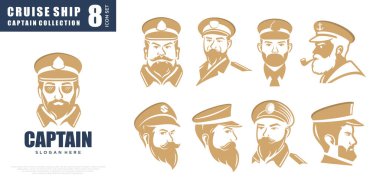 Tekne kiralama kaptanı logosu. Bıyıklı sakallı denizci ikonu. vektör illüstrasyonu