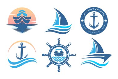 Dalgalar elementi simgesi olan tekne ayarlandı. bot logosu tasarım şablonu vektörü.