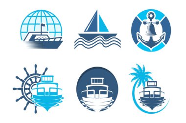 Gemi logosu, denizcilik yelkenli ikonu tasarımı. vektör illüstrasyonu
