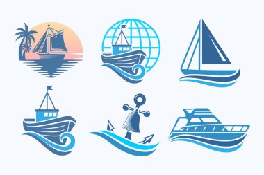 Gemi logosu tasarımı çizimi. Deniz nakliye gemisi silueti. vektör illüstrasyonu