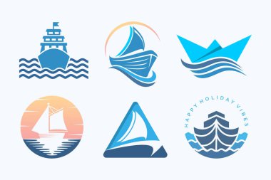 Gemi logosu tasarımı çizimi. Deniz nakliye gemisi silueti. vektör illüstrasyonu