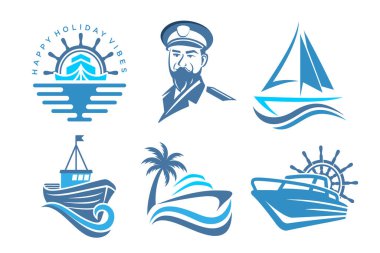 Gemi logosu tasarımı çizimi. Deniz nakliye gemisi silueti. vektör illüstrasyonu