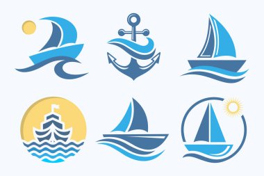 Geminin logo tasarımını, lojistik gemisini, nakliye ekspres kargo gemisini başlatın. vektör illüstrasyonu