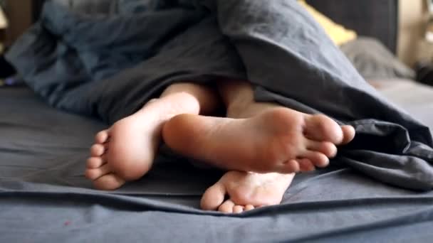 Pár láb nő és férfi a szürke takaró alatt az ágyban. szeretők együtt. Felébredek. Jó reggelt. — Stock videók
