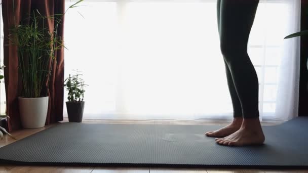 Junge hübsche Frau macht Yoga zu Hause in der Nähe des großen Fensters — Stockvideo
