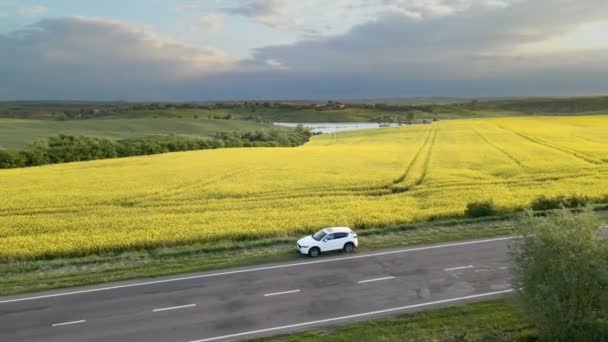 夕阳西下高速行驶的越野车后的航景跟踪 — 图库视频影像
