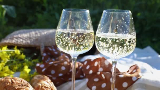 Piquenique ao ar livre copos de vinho com champanhe espumante — Vídeo de Stock