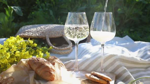 Picnic al aire libre verter copas de vino con champán espumoso — Vídeos de Stock