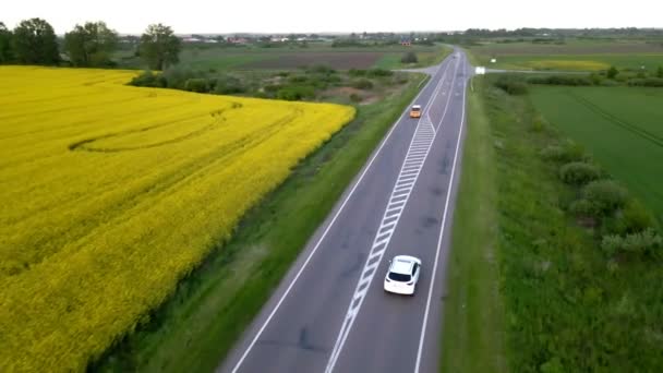 Suivi de vue aérienne après que la voiture suv se déplace par speedway sur le coucher du soleil — Video