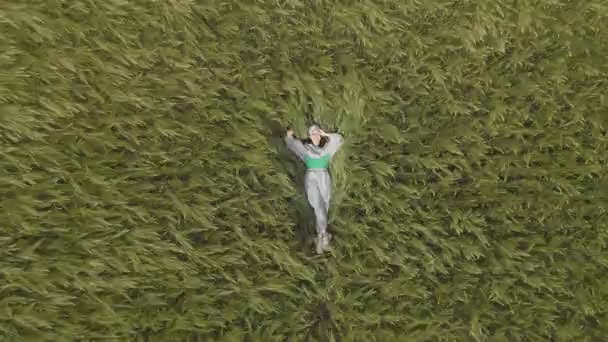Vista superior aérea da mulher que estabelece no trigo — Vídeo de Stock