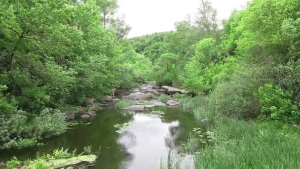 Bewegend boven de rivier in de canyon — Stockvideo