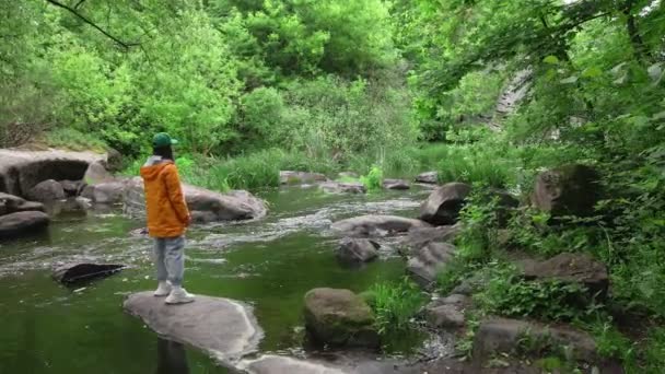 川沿いの岩に立つ自然を楽しむ女性ハイカーは — ストック動画