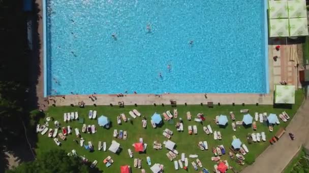 Vista superior de la gente tomando el sol en los reposeros nadando en la piscina pública de la ciudad — Vídeos de Stock