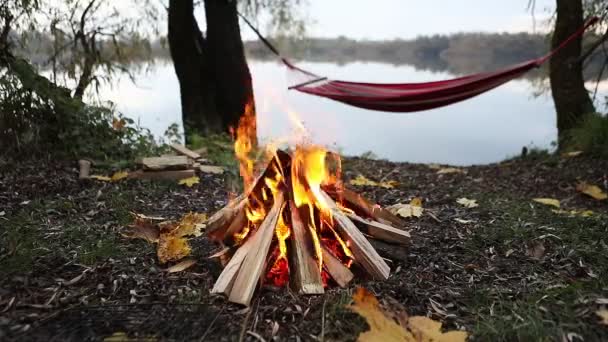 背景下的秋季篝火吊床视图 — 图库视频影像