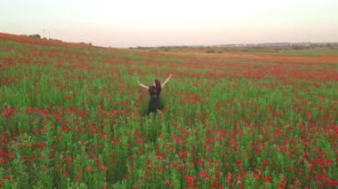 Haşhaş çiçekleri tarlasında siyah elbiseli bir kadın doğanın telefon güzelliği karşısında kıvranıyor.