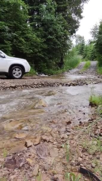 SUV voyage en voiture par les montagnes carpates traversant la rivière — Video