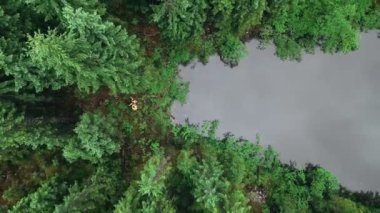 Kayalık göl kıyısında doğa güzelliğine bakan çift yürüyüşçüler.