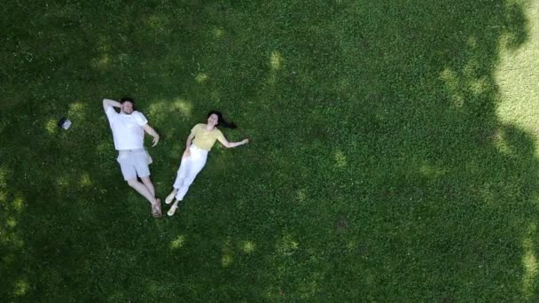 Sonriente pareja acostada en la hierba directamente encima de la vista — Vídeos de Stock