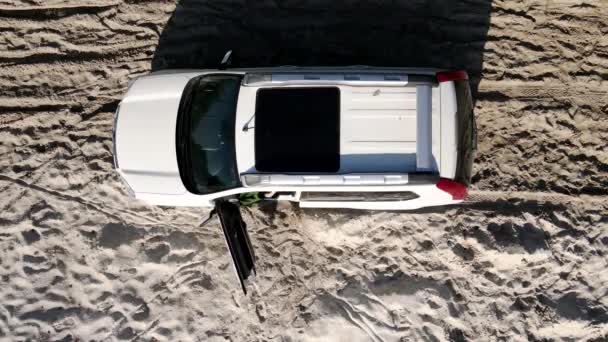 Kvinna går ut från bilen i flippers på sandstrand — Stockvideo