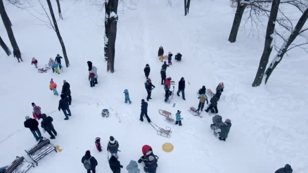 Gelukkige gezinnen glijden van heuvel op besneeuwde winterpark — Stockvideo