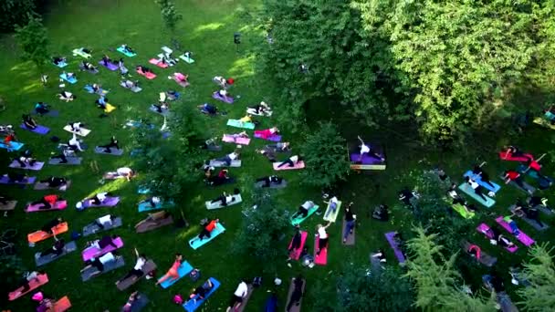 La gente hace yoga en el parque público de la ciudad — Vídeo de stock
