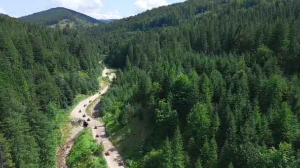 Vue aérienne du groupe de touristes en VTT à cheval par sentier de montagne — Video