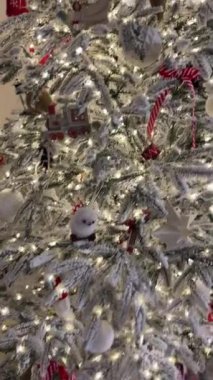 Karla kaplı Noel Ağacı, süslerle süslenmiş.