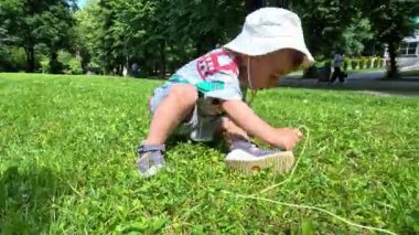 Sunny Park fotokopi alanındaki çimlerin üzerinde oyuncak araba çeken çocuk.