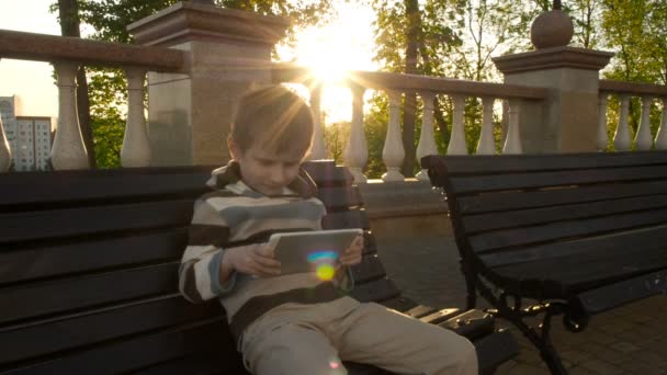 Szczęśliwy młody chłopak przy użyciu komputera typu tablet w parku — Wideo stockowe