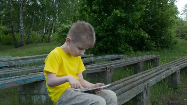 Щасливий молодий хлопчик використовує планшетний комп'ютер у парку — стокове відео