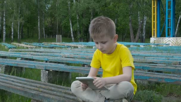 Glücklicher kleiner Junge mit Tablet-Computer im Park — Stockvideo