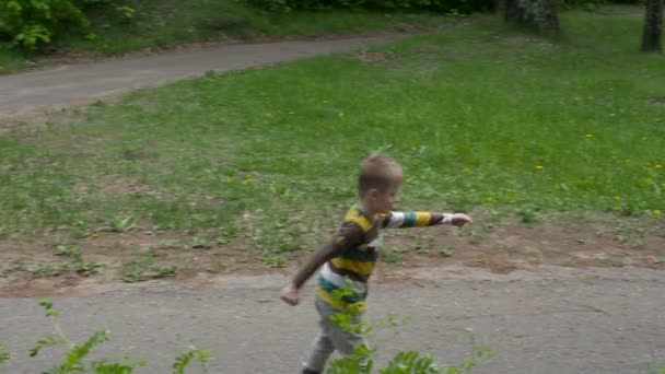 Мальчик катается на роликовых коньках в парке — стоковое видео