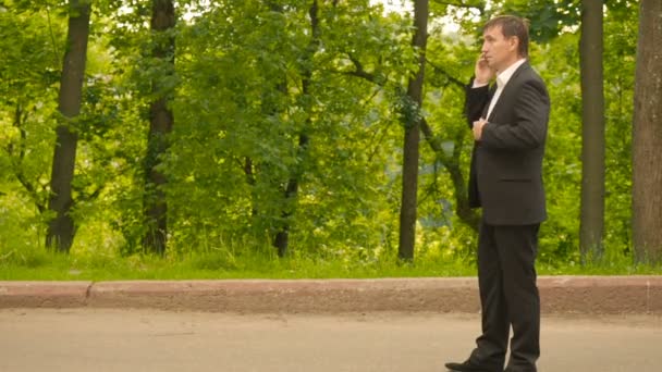 Businessman talking on mobile phone walking in the park — Stock Video