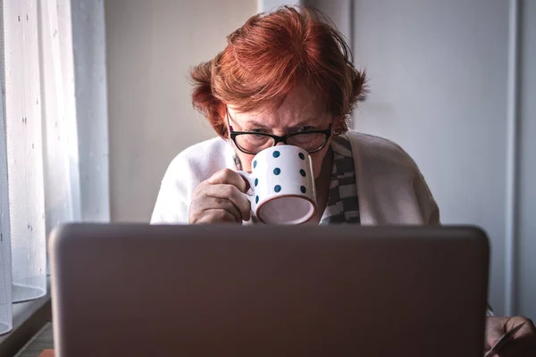 Starsza Kobieta Używa Laptopa Pije Kawę Domu Osoby Starsze Surfujące — Zdjęcie stockowe