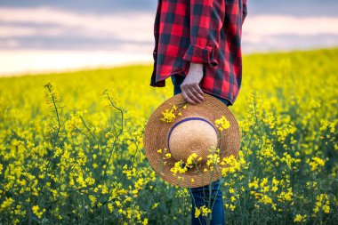 Çiçek açan yağ tohumu tarlasında duran çiftçi. Kolza tohumu bitkilerinde hasır şapka tutan kadın. Çiftçilik ve tarım kavramı