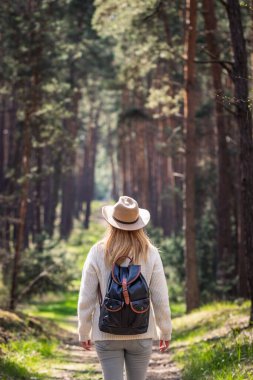 Şapkalı ve sırt çantalı bir kadın ormanda yürüyüş yapıyor. Doğada yeni bir yolculuk keşfetmek. Etkin yaşam biçimi