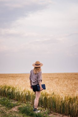 Hasattan önce tarla tarımı yapan çiftçi. Hasır şapkalı ve dijital tabletli kadın arpa tarlasında duruyor.