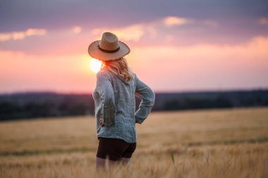 Tatmin olmuş kadın çiftçi organik çiftlikteki arpa tarlasına bakıyor. Hasır şapkalı kadın gün batımında tarımda duruyor.