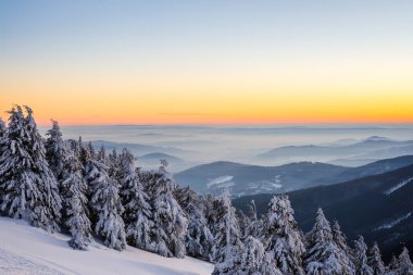 Kışın gün batımında karla kaplı ağaçlar ve dağlarla birlikte. Dağ sırasına ve canlı gökyüzüne nefes kesici bir manzara