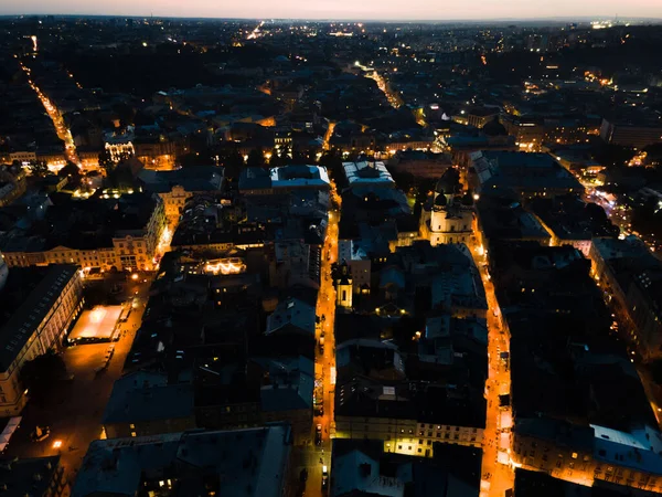 Nacht Luftaufnahme Der Alten Europäischen Stadt Mit Engen Straßen Kopierraum — Stockfoto