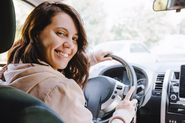 Young Pretty Driver Woman Sitting Car View — Stock Photo, Image