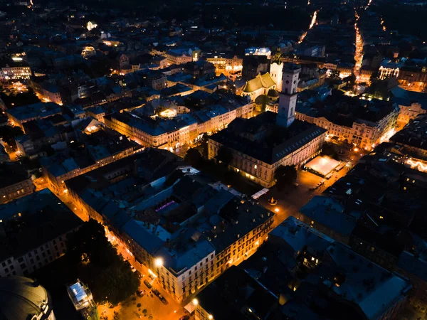 Nacht Luftaufnahme Der Alten Europäischen Stadt Mit Engen Straßen Kopierraum — Stockfoto