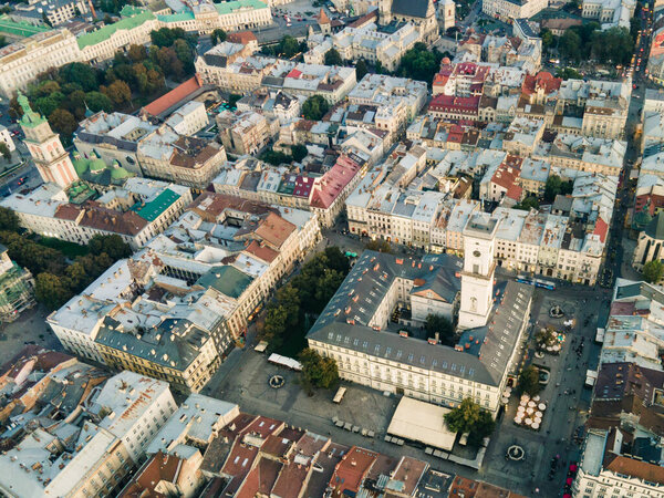 Aerial view of city hall in lviv city at morning time