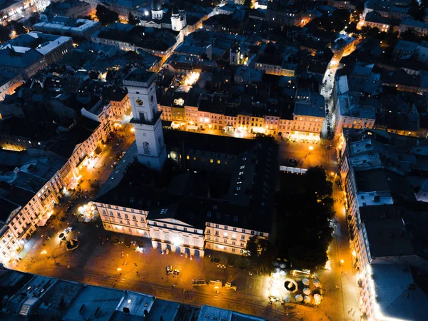 Visão Aérea Noturna Antiga Cidade Europeia Com Ruas Apertadas Espaço — Fotografia de Stock