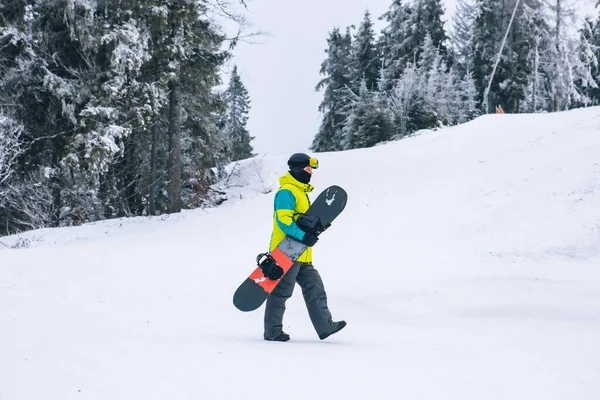 Homem Com Snowboard Caminhando Pelas Atividades Nevadas Inverno Colina — Fotografia de Stock